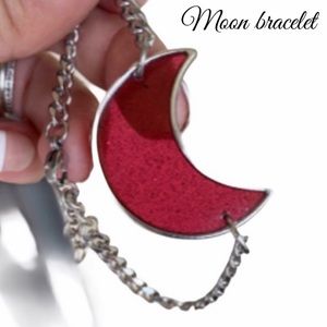 Dark Red glitter resin crecent moon steel bracelet